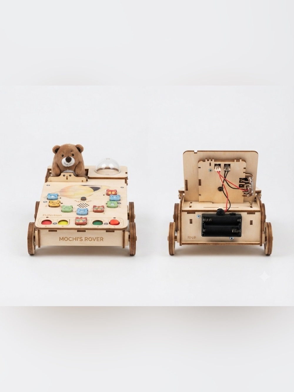 Wooden Kids Activity Rover Toy - Natural Wood with Colorful Buttons